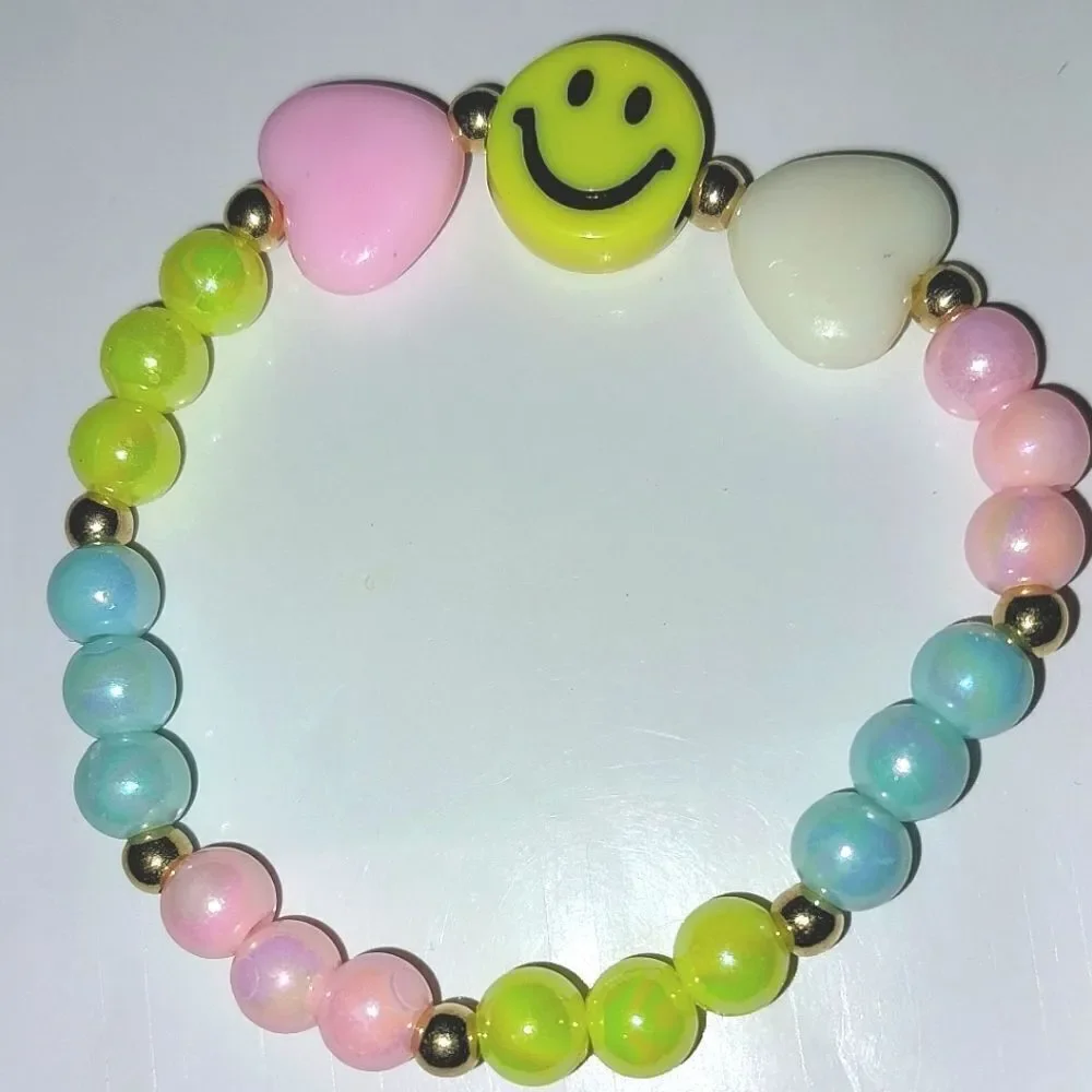 Girls rainbow happy face beaded bracelet
